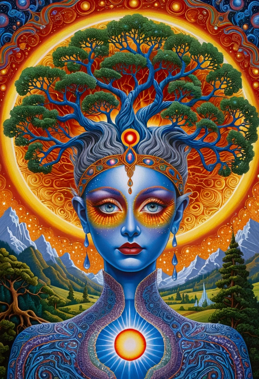 A painting，The woman in the painting holds a tree on her head, The Holy Grail of Brain Tree Eyes, Alex Gray Art, highly detailed Fantasy Art, Alex Gray and Tim Hildebrandt, psychedelic artwork, Alex Gray's style, Fantasy Art style, The Third Eye, alex grey style, Fantasy Art, dmt goddess, Chris Dale, Third Eye Vision, DMT art