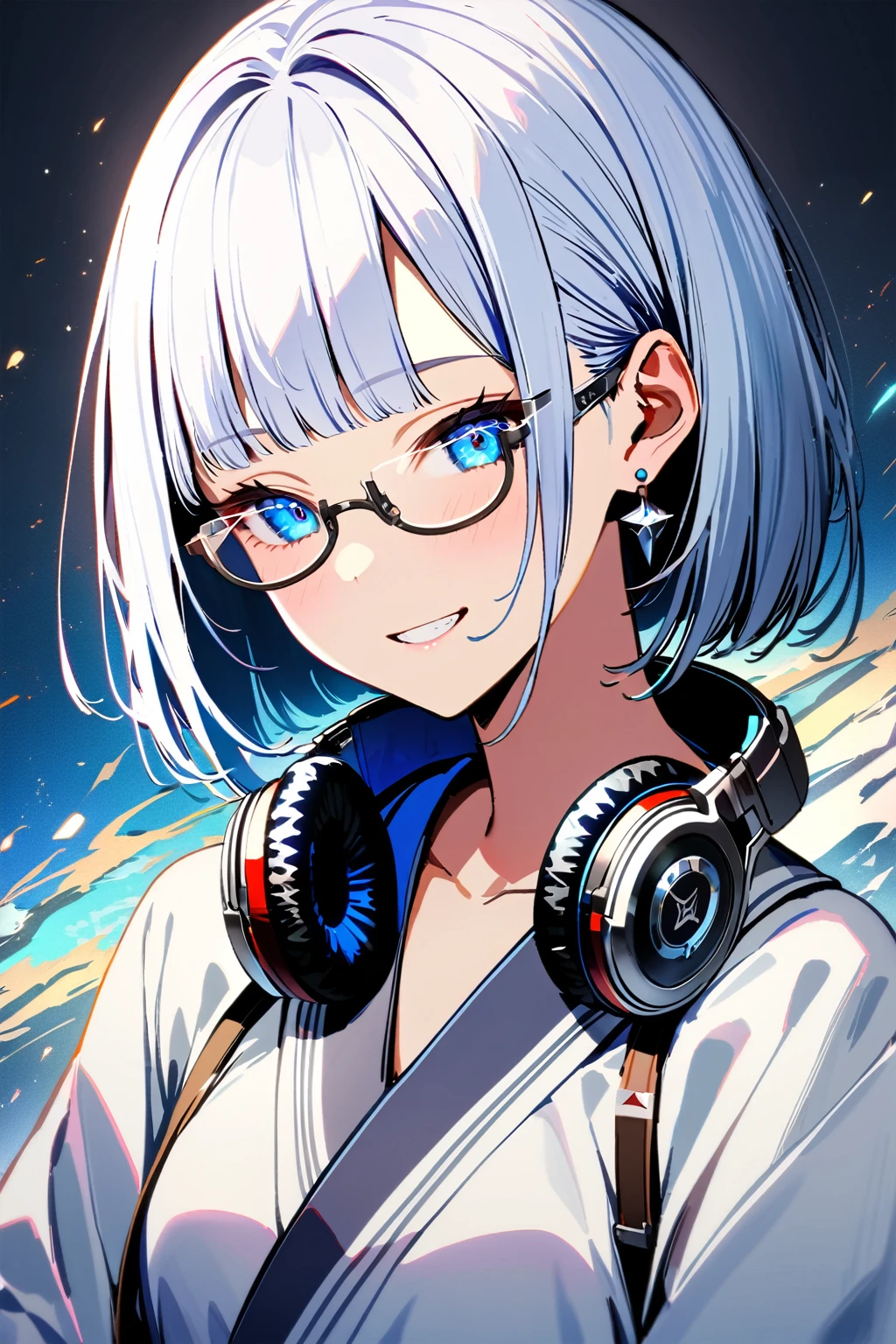 (extremely detailed fine touch:1.3), (((silver semi-rimless eyewear:1.3))), (wear silver headphones around neck:1.0), white short hair, blunt bangs, 1girl, solo, earring, narrow eyes, grin, make up, extremely detailed white kimono, white tiger,