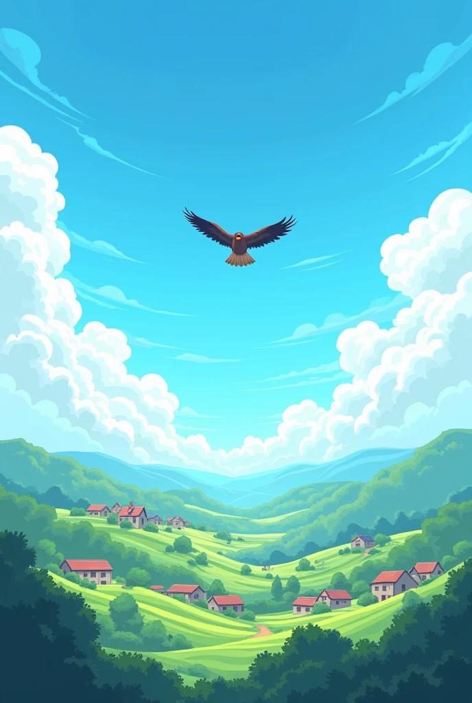 A pixel art for an arcade game, of a sky with farms below and with clouds, blue sky, art cannot be so detailed, as if it were for a game where the character is a bird, with a better view of the sky, and without birds