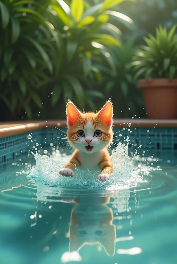 A cat swimming in a pool and suddenly he was going to water deep then her dad come and save her