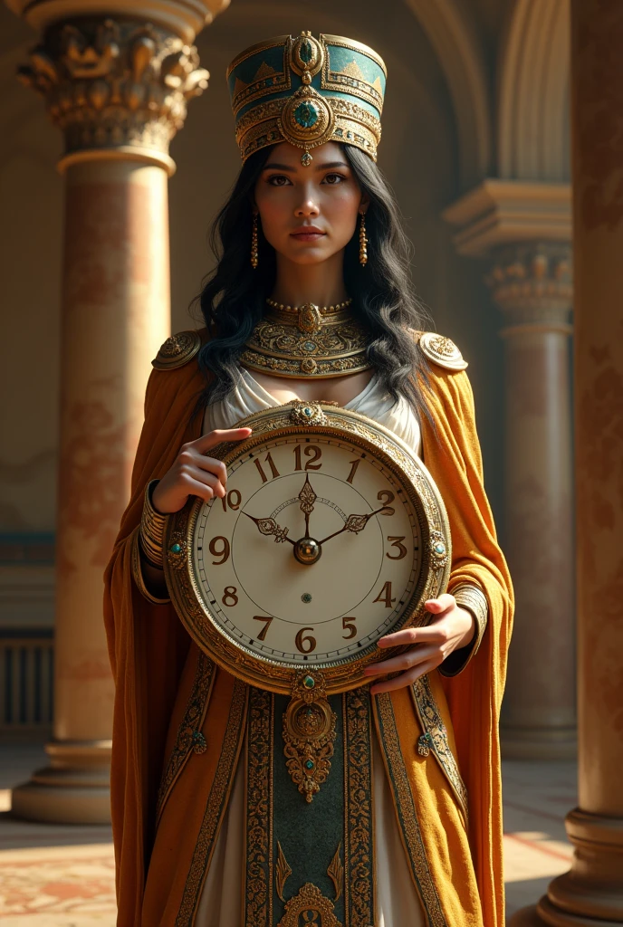 Cleopatra holding a large clock