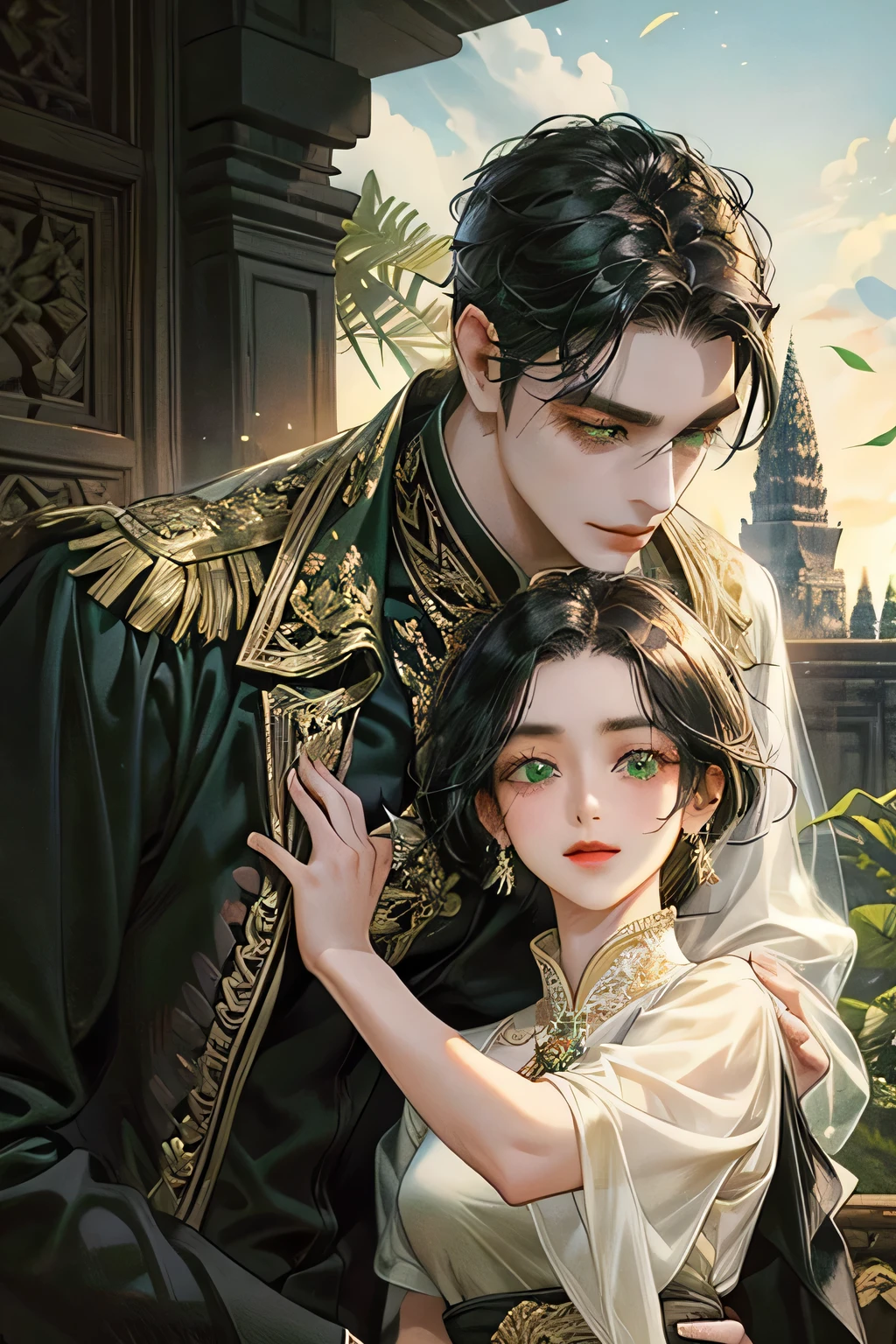 Couple, black hair, javanese prambanan style, masterpiece, best quality, realistic, romantic and charming, 29 years old, light green eyes, serious, extremely detailed face, smile,, ((short-right-swept dark black hair)), [ eyebrows], black suit, prambanan temple, accurate, detailed