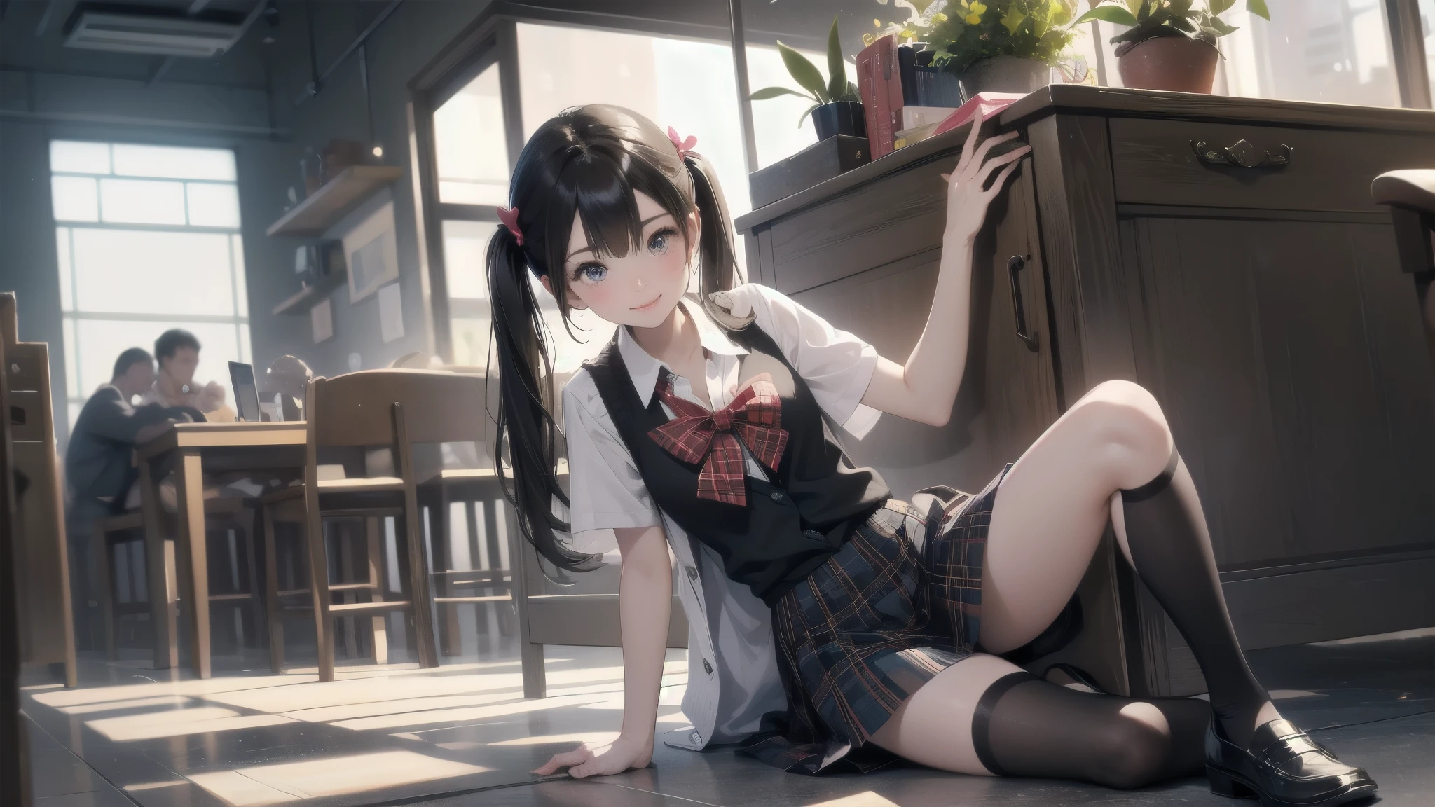 absurdres, absolutely resolution, incredibly absurdres, high res, high sharpness, ultra detailed, official art, unity 8k wallpaper,
BREAK
1 girl, soro, twintails, bow, cardigan vest, short sleeve shirt, plaid skirt, over black legwear, loafers, smile, Sexual girl, Dressy styles that are glamorous and pretty, with an emphasis on cuteness, pop designs
