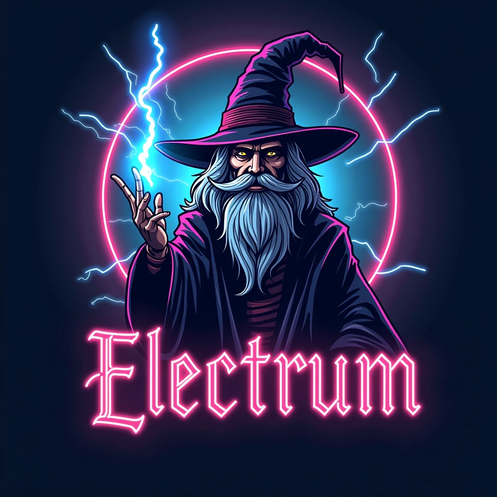 logo, vector, a wizard holding a lightning bolt, the name and Electrum, edm music  , illustration, Neon Energy

