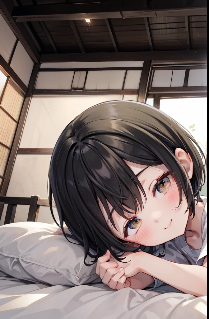 Old house in Japan,bed,dark,smile,close your eyes a little,1. small ,short hair,Black Hair,blush,White T-shirt,Olive green shorts,barefoot,White skin,From below,night中,night,Pushing the audience down,Lie,Face down,