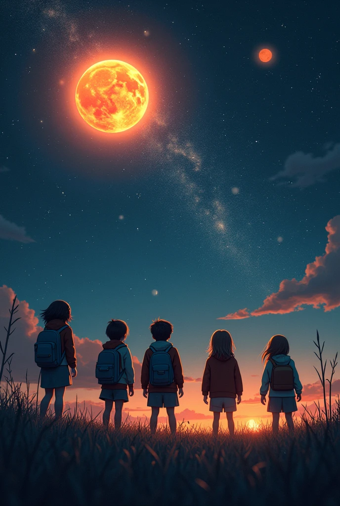 Solar system, universe, space, big sun, explore, school children, night, scary, science