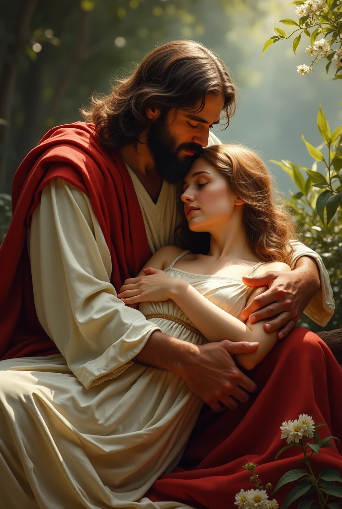 Jesus wearing red & white dress and trying pamper a girl who is lying on his lap crying