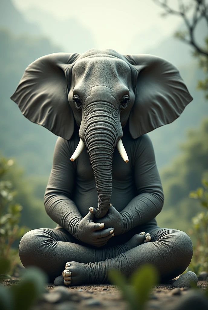 The elephant is sitting with folded hands and praying