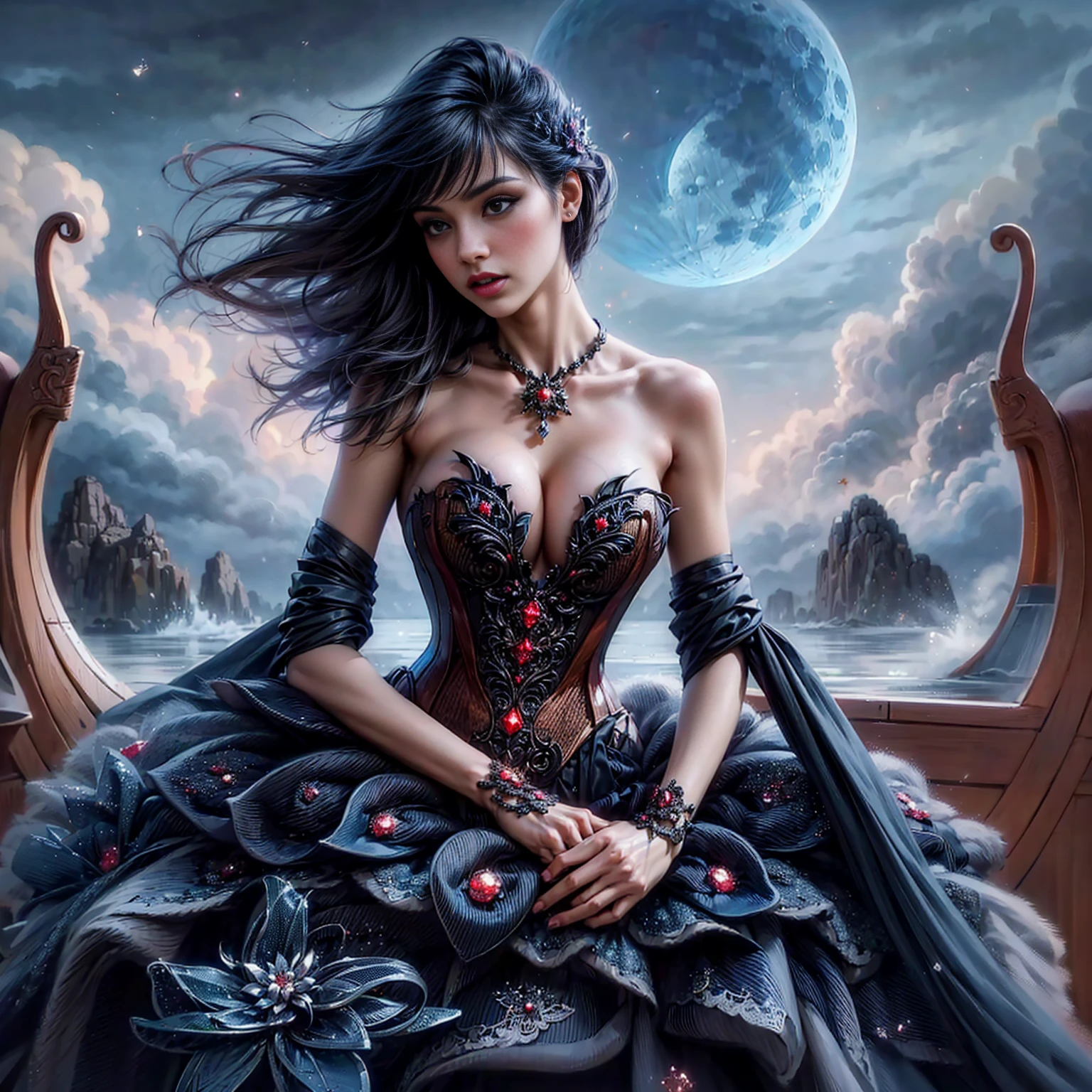 (Extreme HDR) (brightness FX) Photo of an asian woman gigantic Breast 'white skin' with long hair flowing in the wind, wearing a black batik patterned costume, a V-cut strapless corset style batik dress made of carbon patterned satin, a very narrow and stiff V-cut waist decorated with blue jewels, a luxurious long skirt, looks beautiful and stunning, very realistic and detailed, with a royal palace in the background, sitting on a boat, behind it is a blue moon. hyper realistic, hyper detail clothing, Detailed gemstones, masterpiece, best quality:1.2),,(8k,highres,RAW photo,realistic,photo-realistic:1.3),(detailed skin texture,detailed cloth texture, beautiful detailed face:1.25),professional lighting,photon mapping,beautiful soft light,radiosity,physically-based rendering,raytracing, model shoot style, model shoot style, (extremely detailed CG unity 8k wallpaper), full shot body photo of the most beautiful artwork in the world (NSFW), (Nude), (Naked), (carbon fiber corset) (green veiny breast) (steampunk corset) (glowing dress) (blue moon) (cloud)