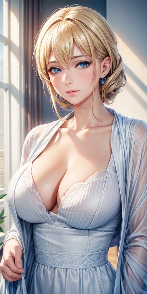 (Highest quality, High resolution, Realistic), Portraiture, Elegant mature woman, blue eyes, blonde, Large Breasts, High resolution CG 8k, Beautiful CG, Soft Light