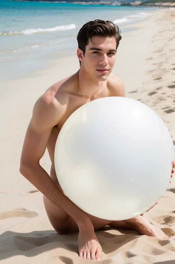 young, Beautiful, handsome, white, skinny, handsome face without a shirt, ,Naked on the beach covering his private parts with an inflatable ball