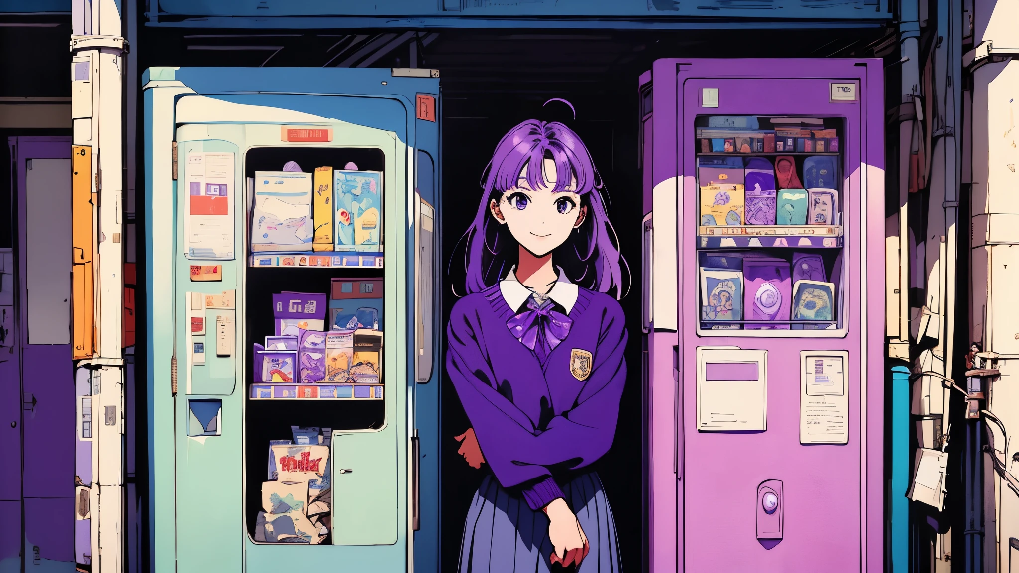 A Smile girl standing in front of a vending machine, wearing a school uniform and listening to music, Her hair color is purple chunky highlights, with a dreamy expression, solo, solo focus.