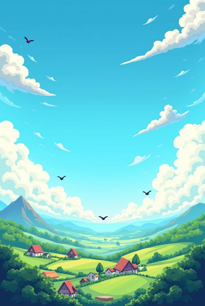 A pixel art for an arcade game, of a sky with farms below and with clouds, blue sky, art cannot be so detailed, as if it were for a game where the character is a bird, with a better view of the sky, and without birds
