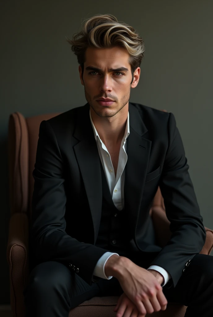 Create the image of a 25 year old boy,he&#39;s sitting,has blonde hair with dark parts at the roots of the hair,He's wearing a black suit
