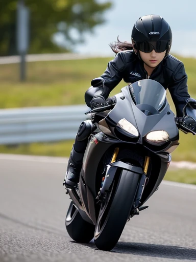 best quality, detailed, beautiful, insanely detailed, absurdres,perfect anatomy, Two racer replica motorcycles speeding down the highway, (motion blur:1.2), Japanese female,black hair,27 years old, (slender), (small breasts),(super fucking beautiful),