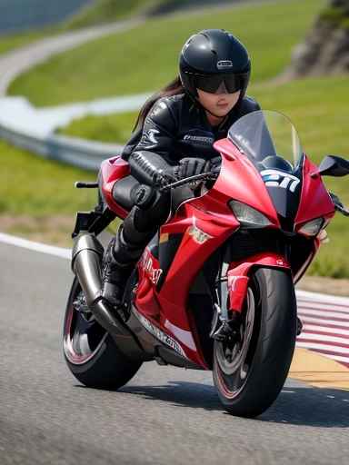 best quality, detailed, beautiful, insanely detailed, absurdres,perfect anatomy, Two racer replica motorcycles speeding down the highway, (motion blur:1.2), Japanese female,black hair,27 years old, (slender), (small breasts),(super fucking beautiful),
