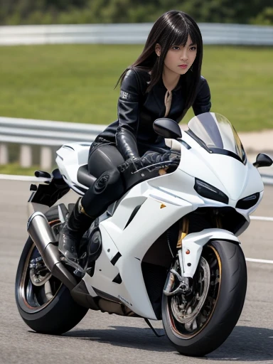 best quality, detailed, beautiful, insanely detailed, absurdres,perfect anatomy, Two racer replica motorcycles speeding down the highway, (motion blur:1.2), Japanese female,black hair,27 years old, (slender), (small breasts),(super fucking beautiful),