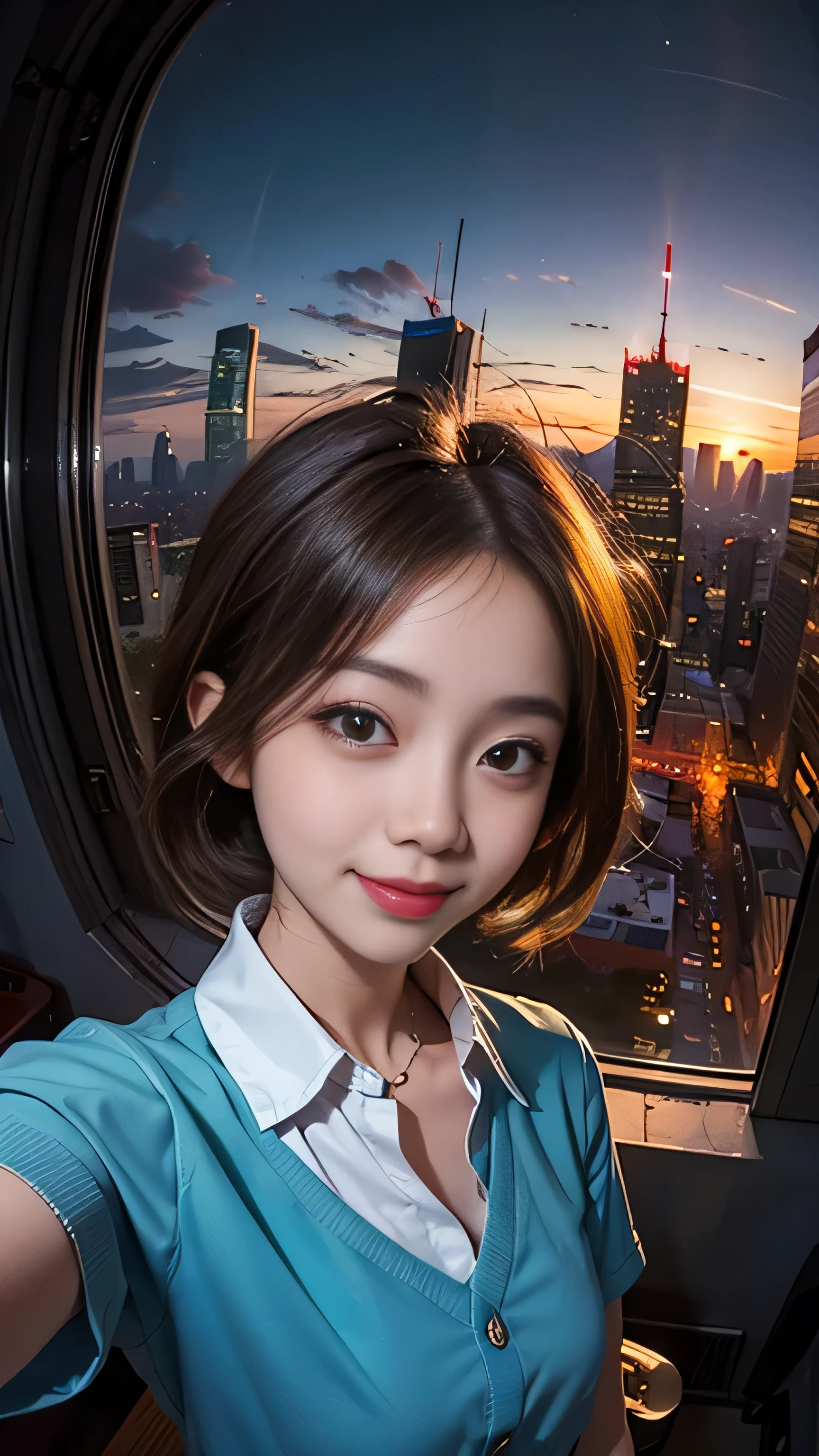 One girl, Korean, Fisheye Lens, Selfie, Wind, Messy Hair, sunset, Cityscape, (Aesthetics and atmosphere:1.2),smile