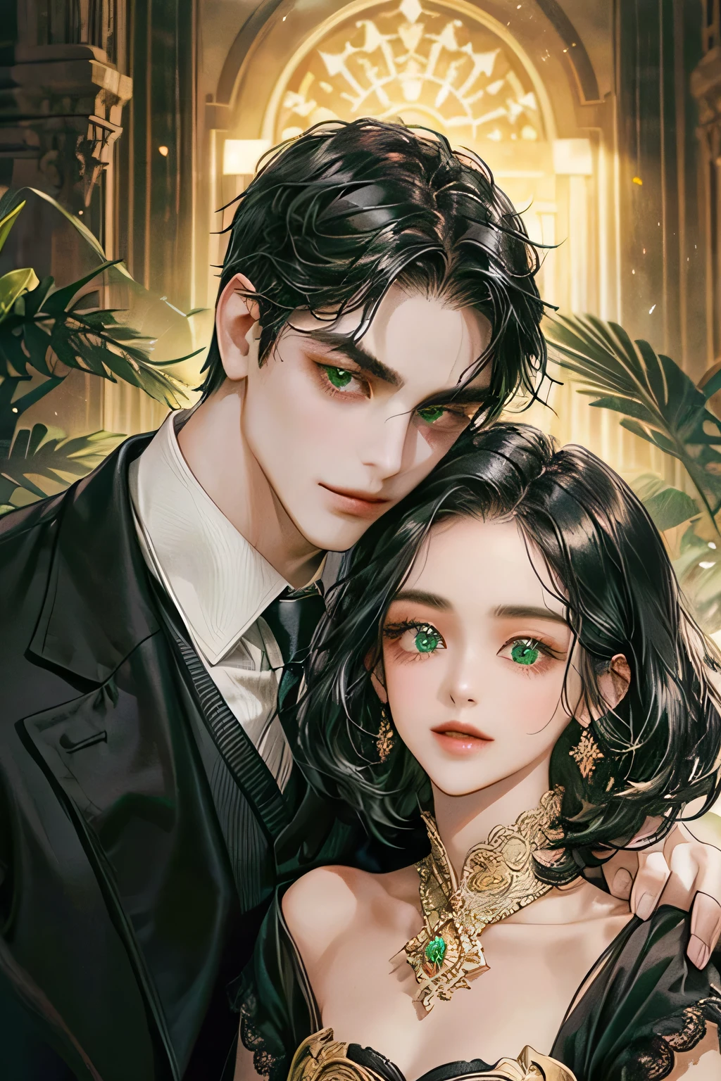 Couple, black hair, javanese prambanan style, masterpiece, best quality, realistic, romantic and charming, 29 years old, light green eyes, serious, extremely detailed face, smile,, ((short-right-swept dark black hair)), [ eyebrows], black suit, prambanan temple, accurate, detailed