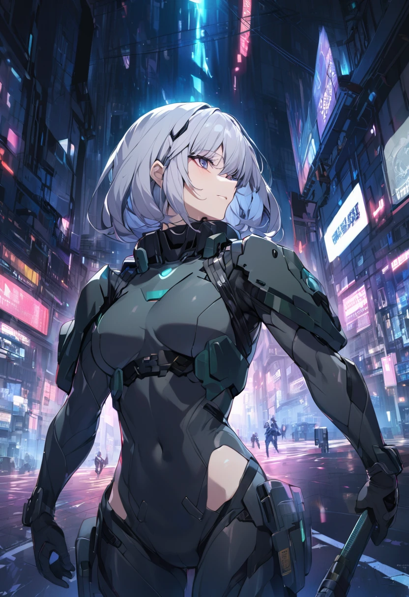 Ghost in the Shell's Motoko looks down on the skyscrapers at night from the rooftop of a high-rise apartment building