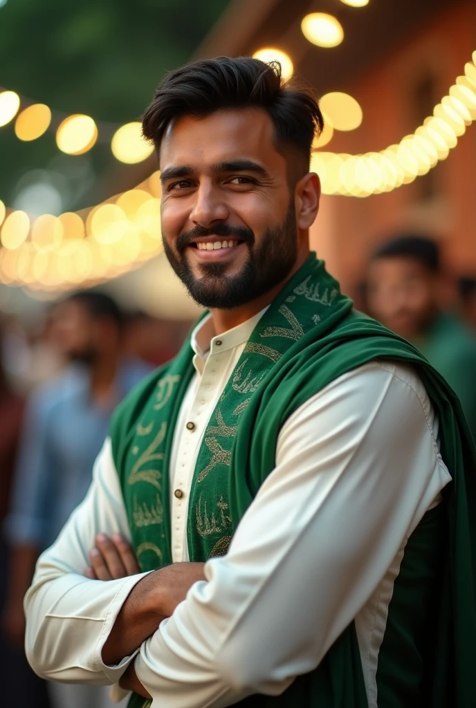 a handsome healthy man in day light wearing white and green kurta shalwar with beautiful designed green muffler on shoulders on independence day, with a backgroun of blur lights and oakistan flag celebration