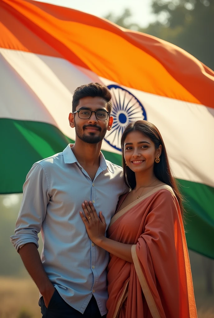 Indian flag with young 25 years age husband and wife