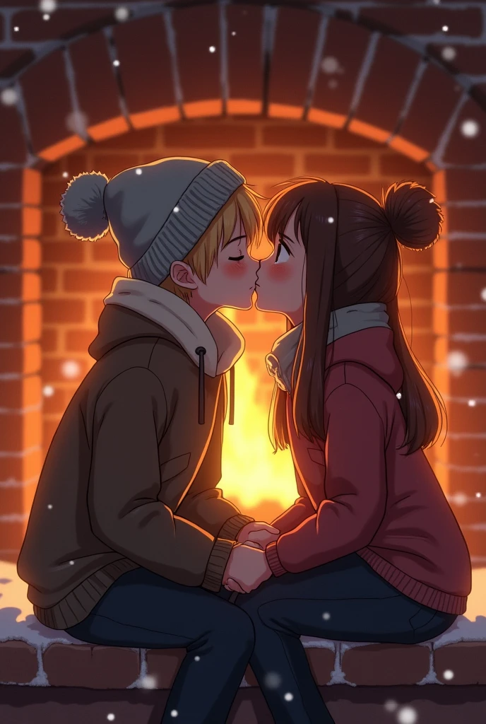 A blonde haired boy wearing a winter hat and a brunette haired girl sitting in front on a brick  fireplace about to kiss for the first time and they really like each other