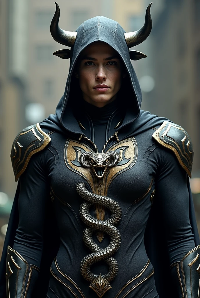 Make a image of a black superhero suit with a human face and has a snake design in the center and two small bull head statue on the shoulder of the suit with no mask