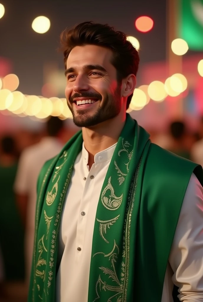 a handsome healthy  body man in day light wearing white and green kurta shalwar with beautiful designed green muffler on shoulders on independence day, with a backgroun of blur lights and oakistan flag celebration