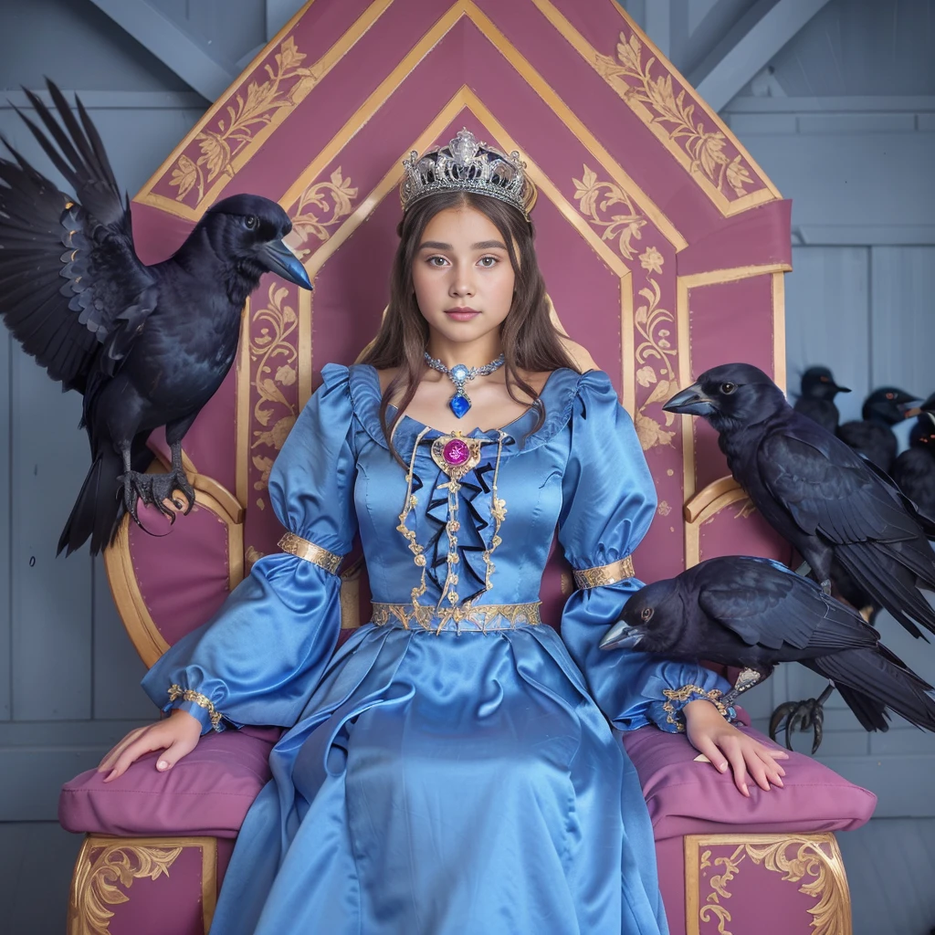 a gorgeous 10 year-old girl, blue satin princess dress, sitting on a throne with crows, extremely detailed, 4k, perfect face