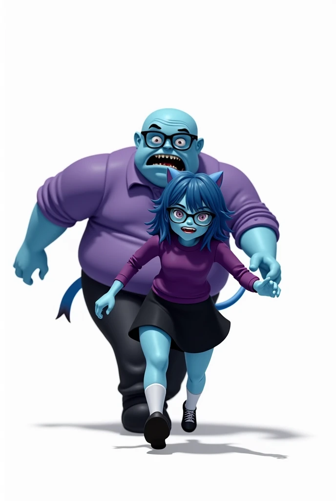 a bald guy, blue skin, wears glasses, purple shirt with long sleeves, black pants, crazy, very fat, scary, chasing an anime kawaii girl with blue SKIN TONE, blue hair, cat ears blue, wears glasses, purple shirt with long sleeves, black skirt, wears white socks, have cat tail blue, Roblox style, white background only, chasing scene, ROBLOX CHARACTERS