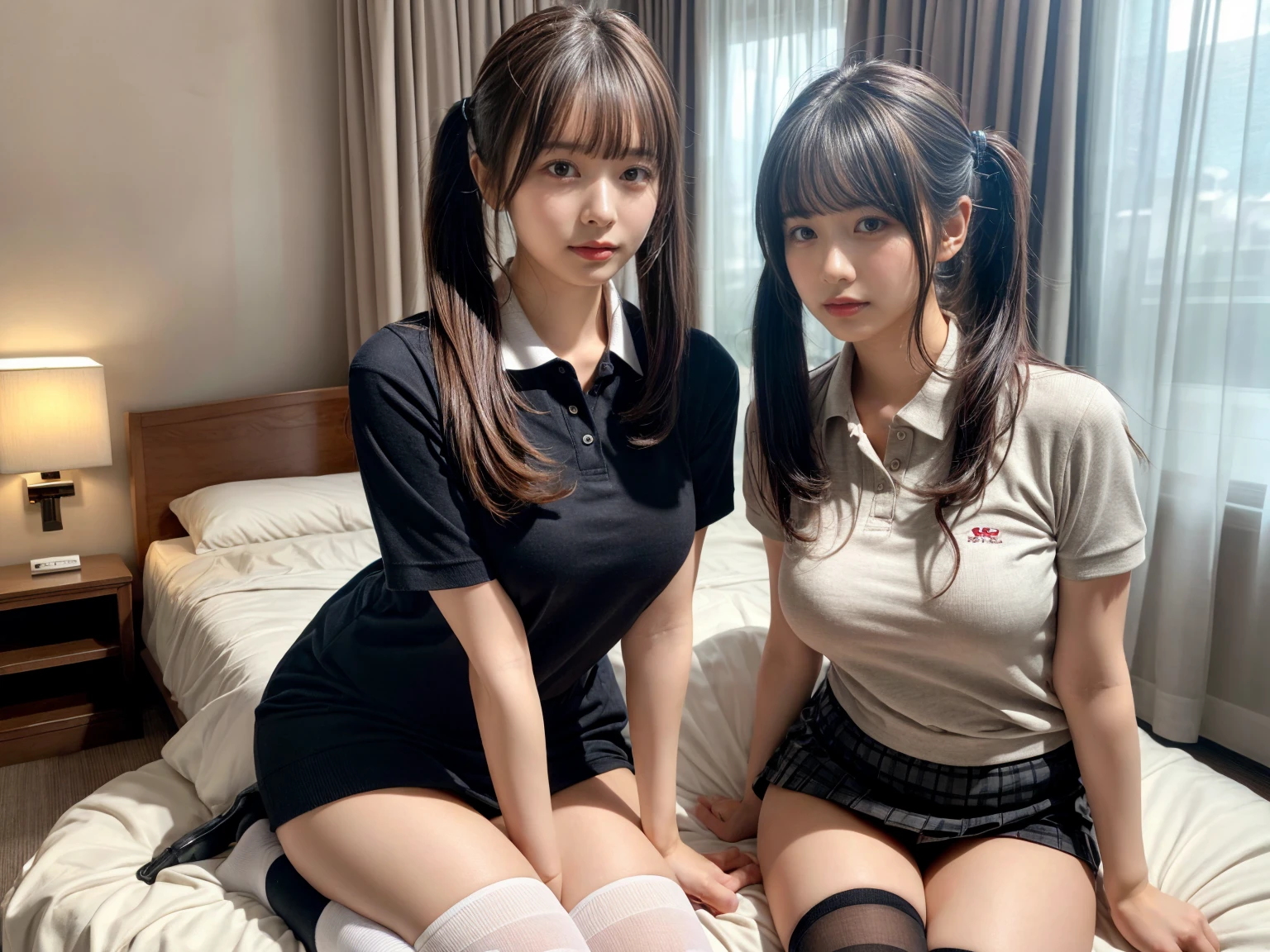 masterpiece, best quality, illustration, Super detailed, fine details, High resolution, 8K,wall paper, perfect dynamic composition,(Details High quality, realistic depiction of eyes:1.3), (2 girls), (collared polo shirt), pleated skirt, knee high socks, twin tails, in a hotel room in the background, deep on field, large breasts, black hair color, Big Natural Color Lip, (perfect body shape), crying a little、Harajuku style、20 year old girl、cute type、beautiful legs, Gravure Idol