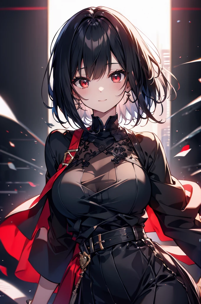 (masterpiece, highest quality, highest quality, (No text), Beautiful and aesthetic:1.2),No text,アニメ、BREAK,One Girl,Black Hair Girl short hair older sister choker Beautiful eyes Red eyes cool smile Black and Red Black jacket whole body In town