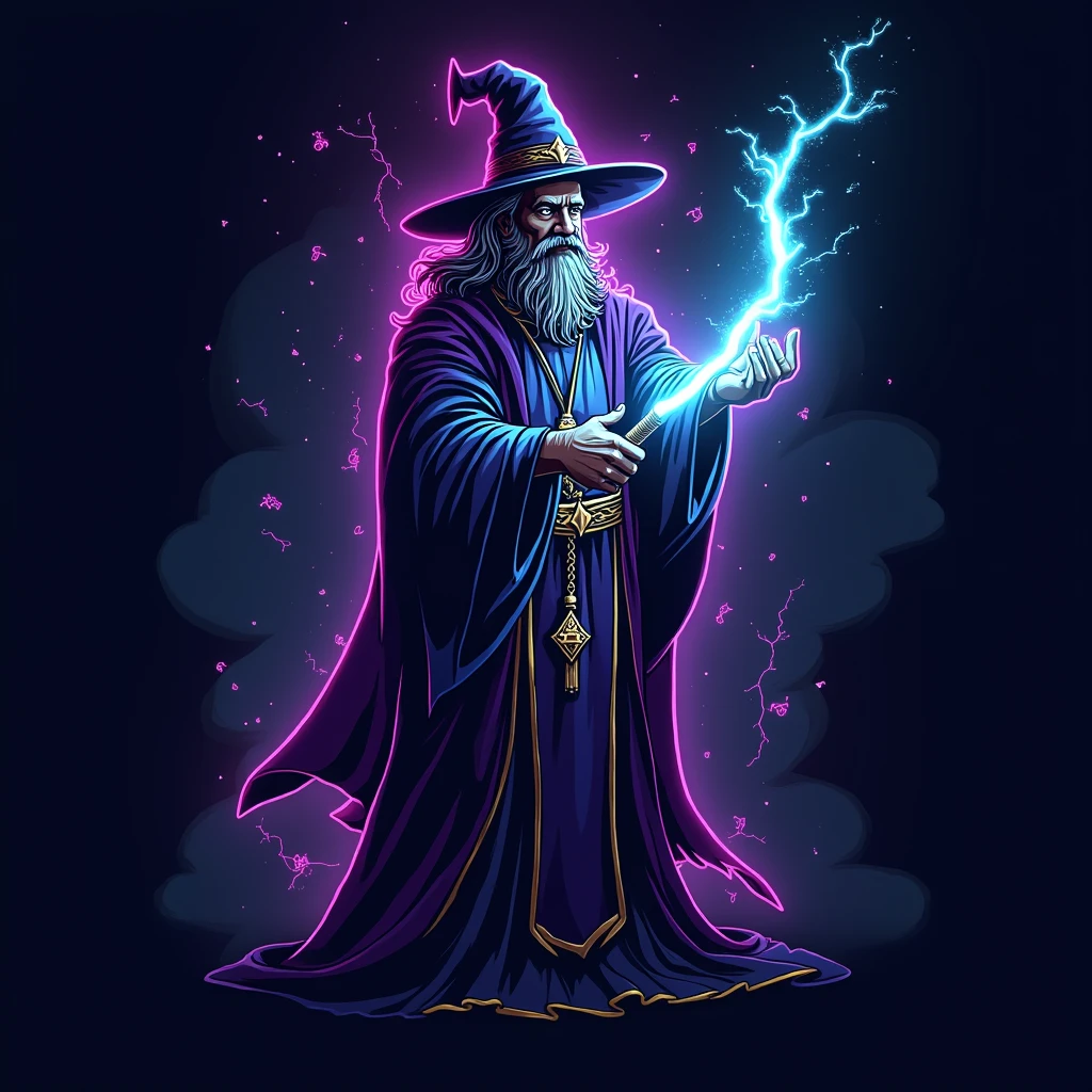 logo, vector, a wizard holding a lightning bolt, the name and Electrum, edm music , illustration, Neon Energy