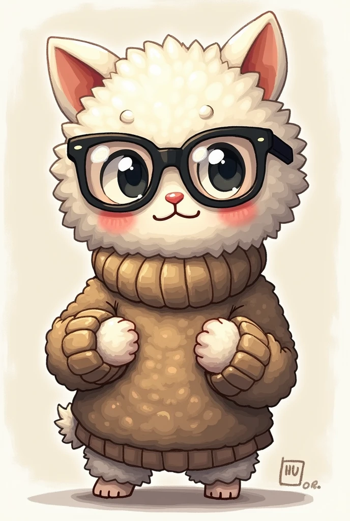 Character who is a ball of wool, just a ball of wool with glasses, transparent lenses, anime style cup head, a pixel species, sketch, knitting a sweater, ball of wool knitting a sweater