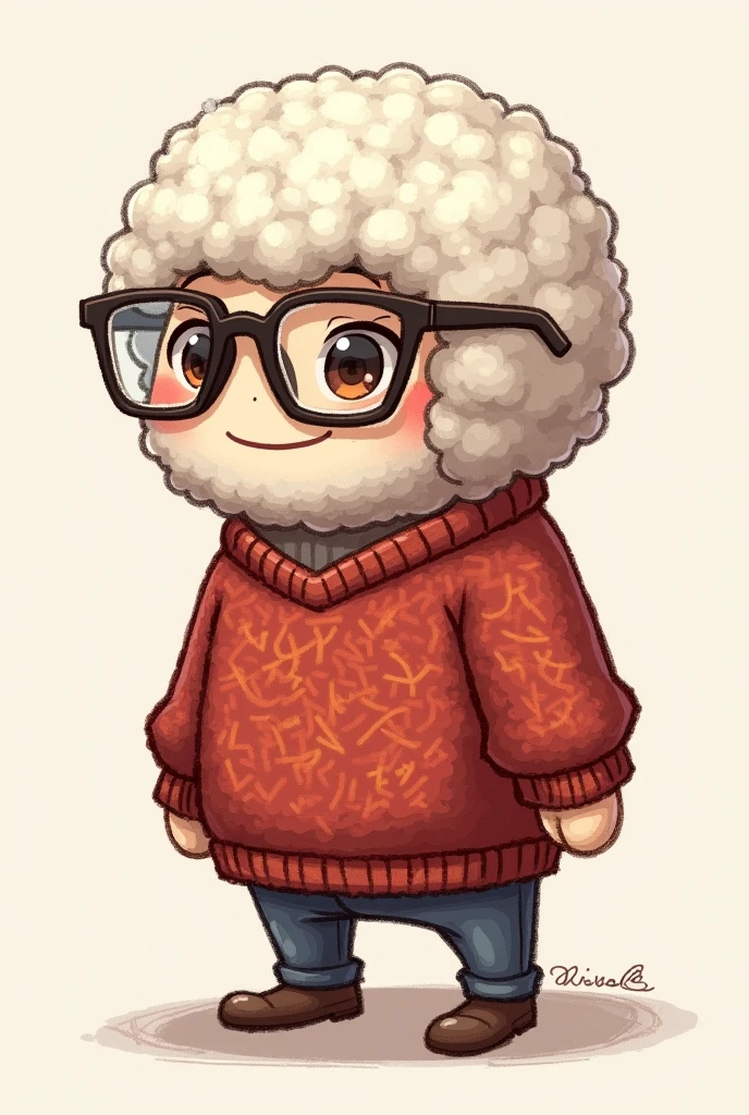 Character who is a ball of wool, just a ball of wool with glasses, transparent lenses, anime style cup head, a pixel species, sketch, knitting a sweater, ball of wool knitting a sweater