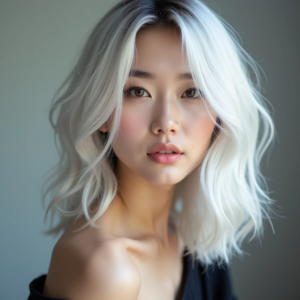 a beautiful Korean woman as an Instagram model, she has white and silver hair, 25 years old, sexy and beautiful and attractive