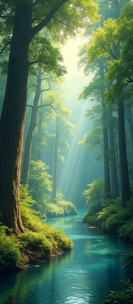 Landscape of a river with trees, with four colors