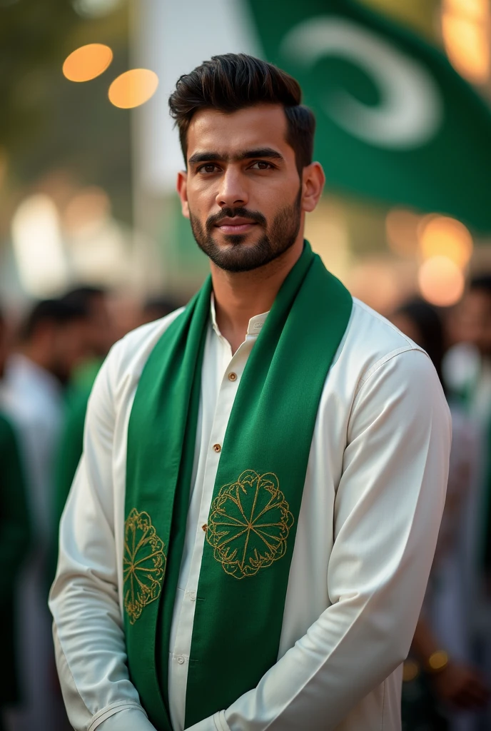 a handsome healthy  body man in day light wearing white and green kurta shalwar with beautiful designed green muffler on shoulders on independence day, with a backgroun of blur lights and oakistan flag celebration