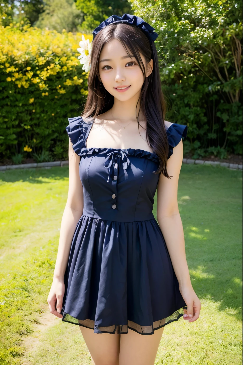 18year old, japanaese girl, Summer dress, (Face Focus) ,   hair scrunchie,  , (High color saturation:1.0),  (highlydetailed skin), (Best Quality:1.0), (超A high resolution:1.0) ,(photographrealistic:1.0), (ultra-detailliert:1.0), (8K, Raw photo:1.1), (Smile:0.7)