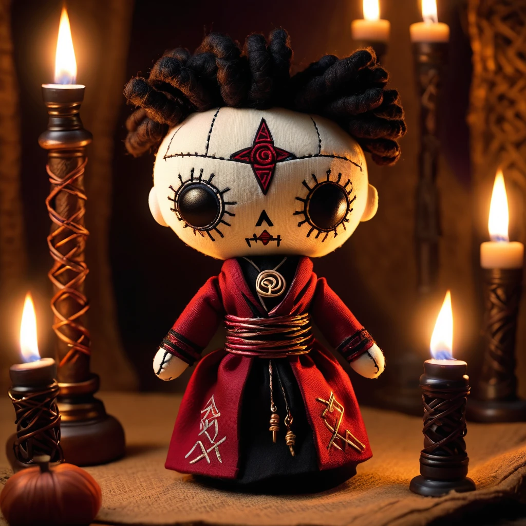 (knitted toy voodoo doll:1.7) (Voodoo Guardian of the Temple of Shadows:1.5) (from the world of ancient mysteries:1.3) (Clothing: ceremonial robes with shadowy symbols and glowing runes:1.0) (Accessories: miniature enchanted torches, tiny floating shadow orbs, small mystical talismans:1.2) (background: eerie temple with flickering torchlight, shadows of ancient statues and swirling mist, and an ethereal glow illuminating the sacred space:1.2), best quality, masterpiece, detailed soft oil painting, detailed background, dramatic cinematic lighting, soft edge lighting, professional, dramatic lighting, hard edge lighting, ultra quality, 4k,masterpiece, best quality, 8k, ultra highres, highres, extremely detailed