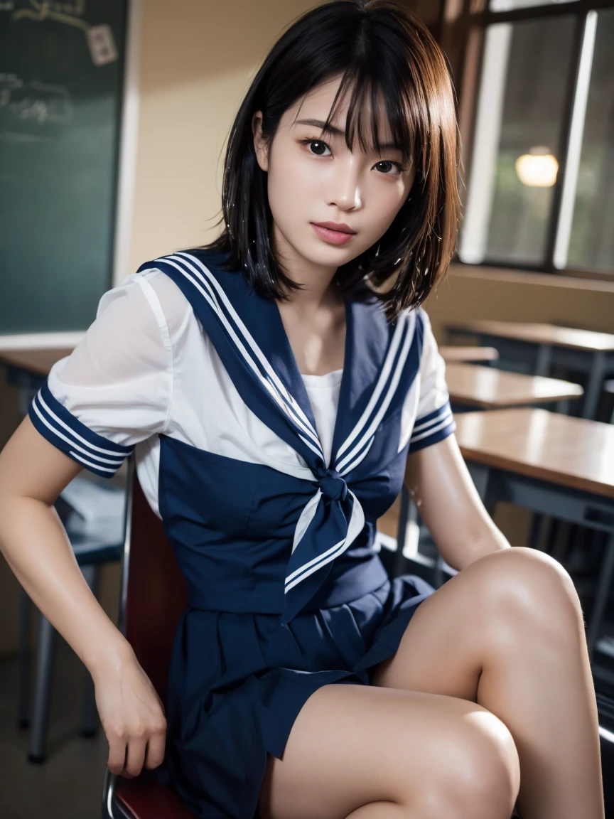 (masterpiece:1.2), Very detailed, Ultra-high resolution, (Realistic, photo Realistic:1.6), High-resolution RAW color photos, Professional photos, Sharp focus:1.2, (Very detailed顔と肌の質感, Very beautiful eyes, Glossのある肌, Glowing Skin, Glowing Skin, Shining Face, Gloss, Oily skin, greasy face, Oily skin, greasy face,),, (real Glossのある肌 texture), Perfect Anatomy, Very detailed背景,(High school classroom at night),1 female,25-year-old woman, Japanese women,Height: 168cm,(short hair, Straight hair, bangs, Brown Hair),((Flat Chest:1.6)),(Slender legs), ((((White short-sleeved sailor suit、Navy blue pleated skirt:1.5、Perfectly detailed sexy thong panties under skirt,barefoot))),((sit at a desk with your knees up:1.3))、(((Wet and sheer sailor suit:1.4))),Invite to sex