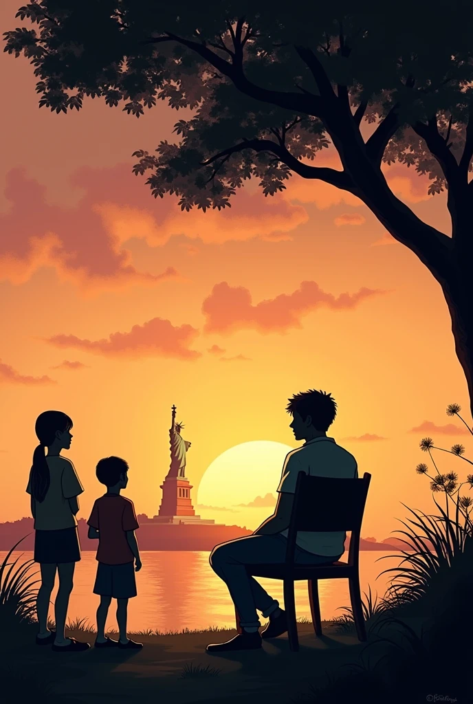 give me a pic about one person sitting in a chair. near tree looking at the sunset at statute of liberty and the 3 youth talking wbout what he is thinking from back about 10 m
