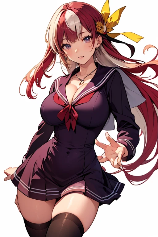 (cowboy shot: 1.5), (white background, simple background: 1.5), (masterpiece:1.5), (big breasts: 1.5), (1 girl: 1.5), young woman, (Beautiful Girl:1.5), (extremely detailed and delicate anime face and eyes:1.5), whole body, (natural light, HDR, extremely details CG:1.3), (dynamic posture: 1.3), {correct body anatomy}, (wide hips: 1.3), (perfect hands: 1.5), single focus, toned body, Beautiful Lips, thick lips, {surreal}, {correct posture}, {minutes details}, {detailed body}, {detailed clothing}, (Bright Eyes: 1.3), (cleavage: 1.3), {accessories}, {sexy}, (dark violet sailor dress: 1.5), (school uniform: 1.3), dark violet long sleeves, (white sailor collar: 1.3), short skirt, (black thigh-high legwear: 1.3), black legwear, ribbon tie, bowtie, loafers, earrings, (hair ribbon: 1.3), necklace, (light smile: 1.3), long hair, (two-tone hair: 1.5), (maroon hair with turquoise streaks: 1.5), (straight hair: 1.5), (swept bangs: 1.5), swept bangs, glowing hair, (bright yellow eyes: 1.3),