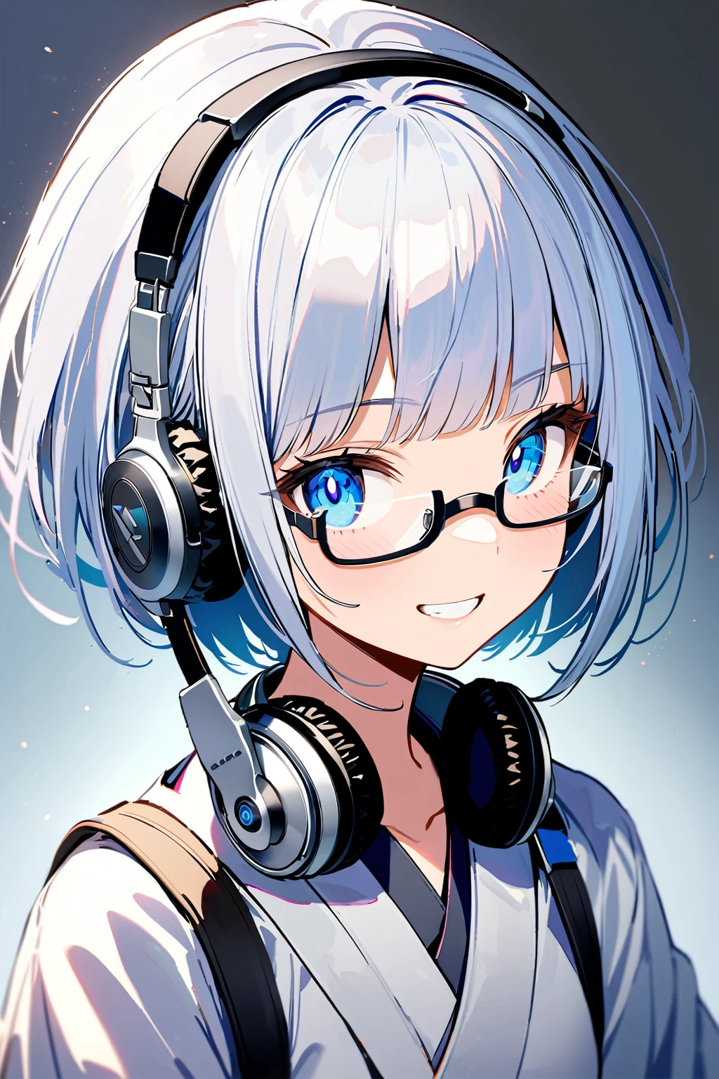 (extremely detailed fine touch:1.3), (((silver semi-rimless eyewear:1.3))), (wear silver headphones around neck:1.0), white short hair, blunt bangs, 1girl, solo, earring, narrow eyes, grin, make up, extremely detailed white beautiful kimono, white 1tiger,