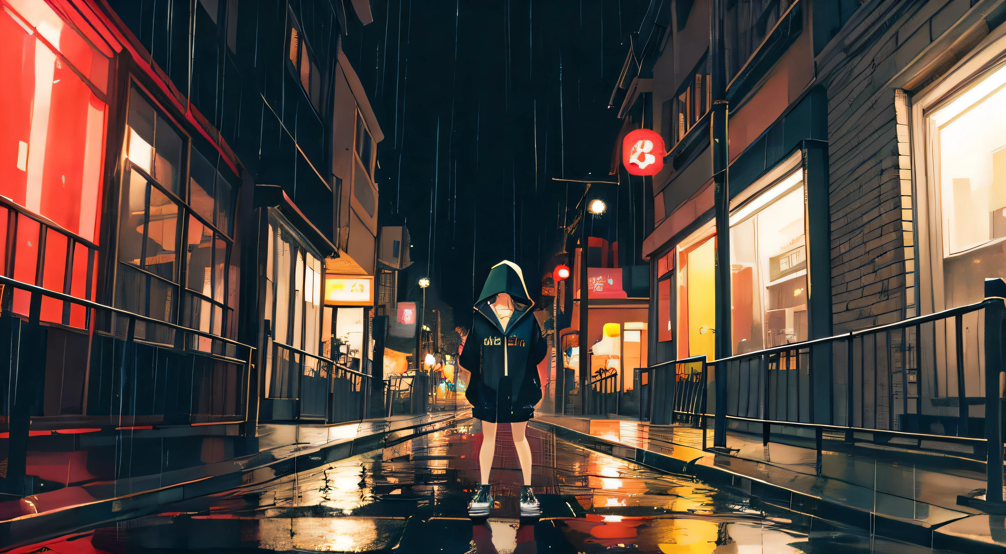 masterpiece, One girl, alone, Unbelievably absurd, hoodie, Headphones, street, Outdoor, rain, neon, night