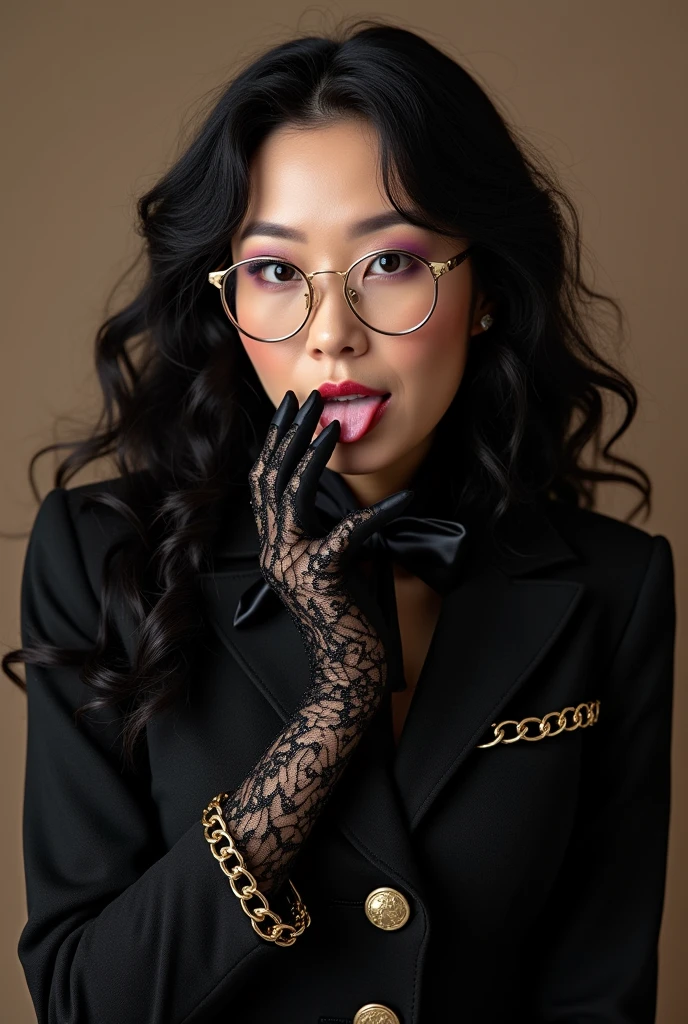 With long, curly black hair、Heavy makeup and purple eyeshadow、Dark eyeliner、Around her neck she wears a ribbon-shaped satin black and gold chain patterned scarf.、Wearing gold-rimmed glasses、Wearing purple lace long gloves、A Japanese woman in her 50s, a female teacher wearing a striped black suit, is licking her fingers obscenely with her tongue、