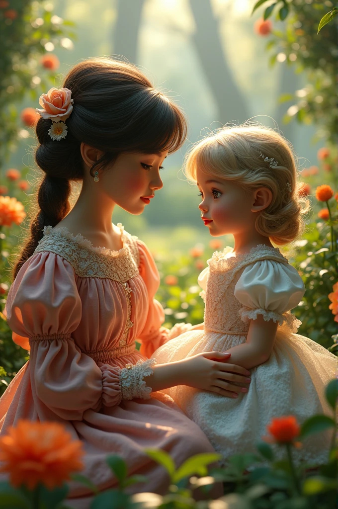 A beautiful doll in a garden playing with his honour adult girl