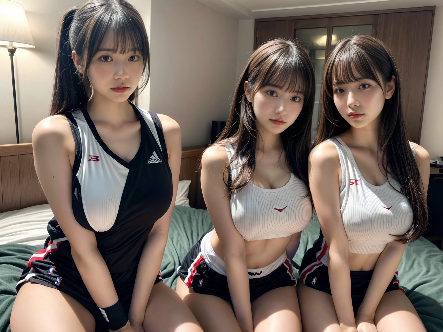 masterpiece, best quality, illustration, Super detailed, fine details, High resolution, 8K,wall paper, perfect dynamic composition,(Details High quality, realistic depiction of eyes:1.3), (2 girls), (NBA),(basketball sportswear),(play basketball),(reality), low ponytail, in a hotel room in the background, deep on field, large breasts, black hair color, Big Natural Color Lip, (perfect body shape), crying a little、Harajuku style、20 year old girl、cute type、beautiful legs, Gravure Idol