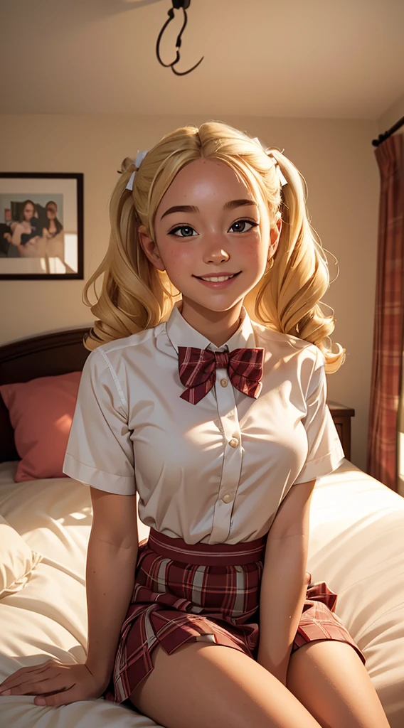(masterpiece, best quality),1girl smiling with Blonde curly hair twin tails sitting in a bed of her bedroom in front of her bedroom, warm lighting, blurry foreground, plaid short skirt, a white blouse with a loose bow tie, 18 yo, small breasts